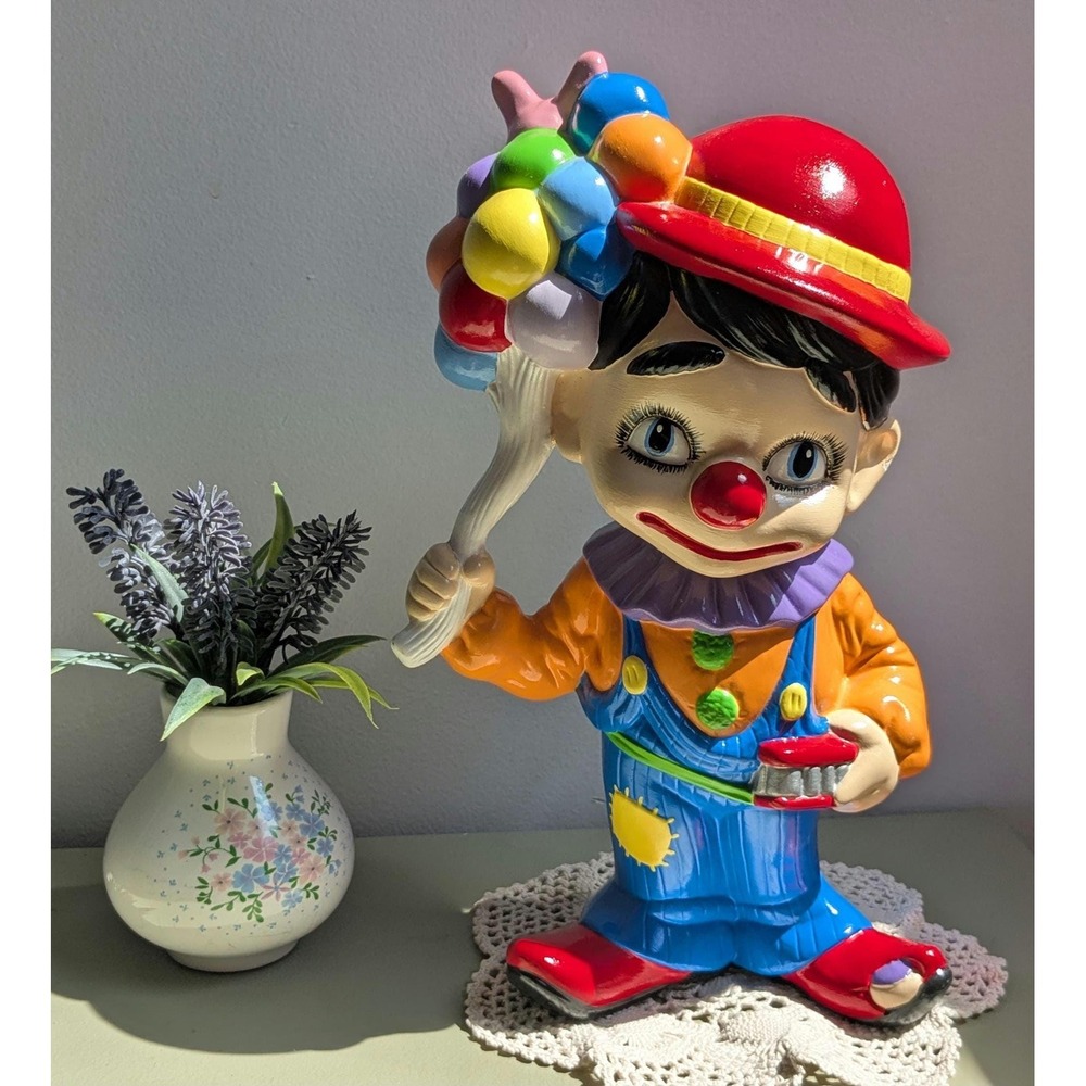 Vintage Ceramic Clown Coin Bank with Balloons, Large 12" Nursery Decor